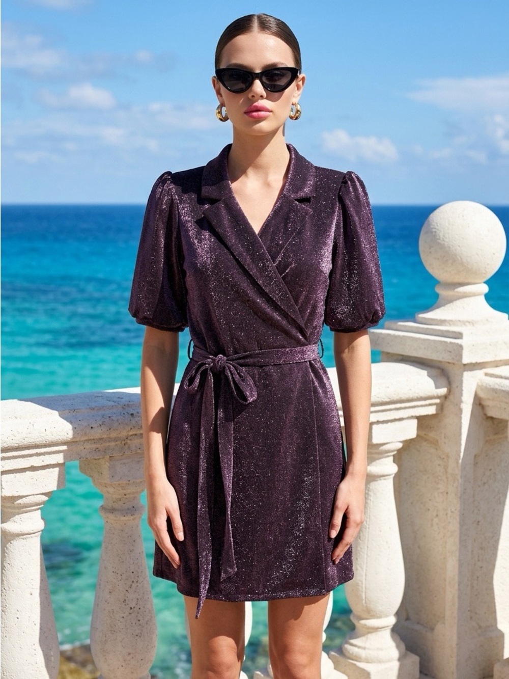 & Other Stories Plum/Rose Metallic Wrap Mini Dress Puff Sleeve Tie Waist Size 8